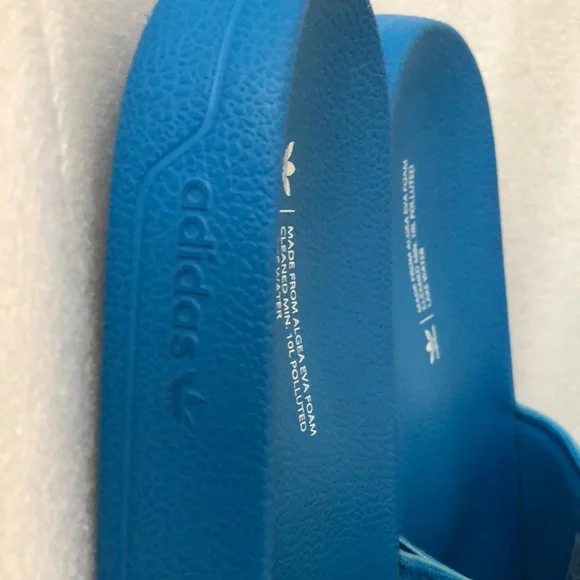 Adidas Blue Slides with White Logo - Picture 2 of 4